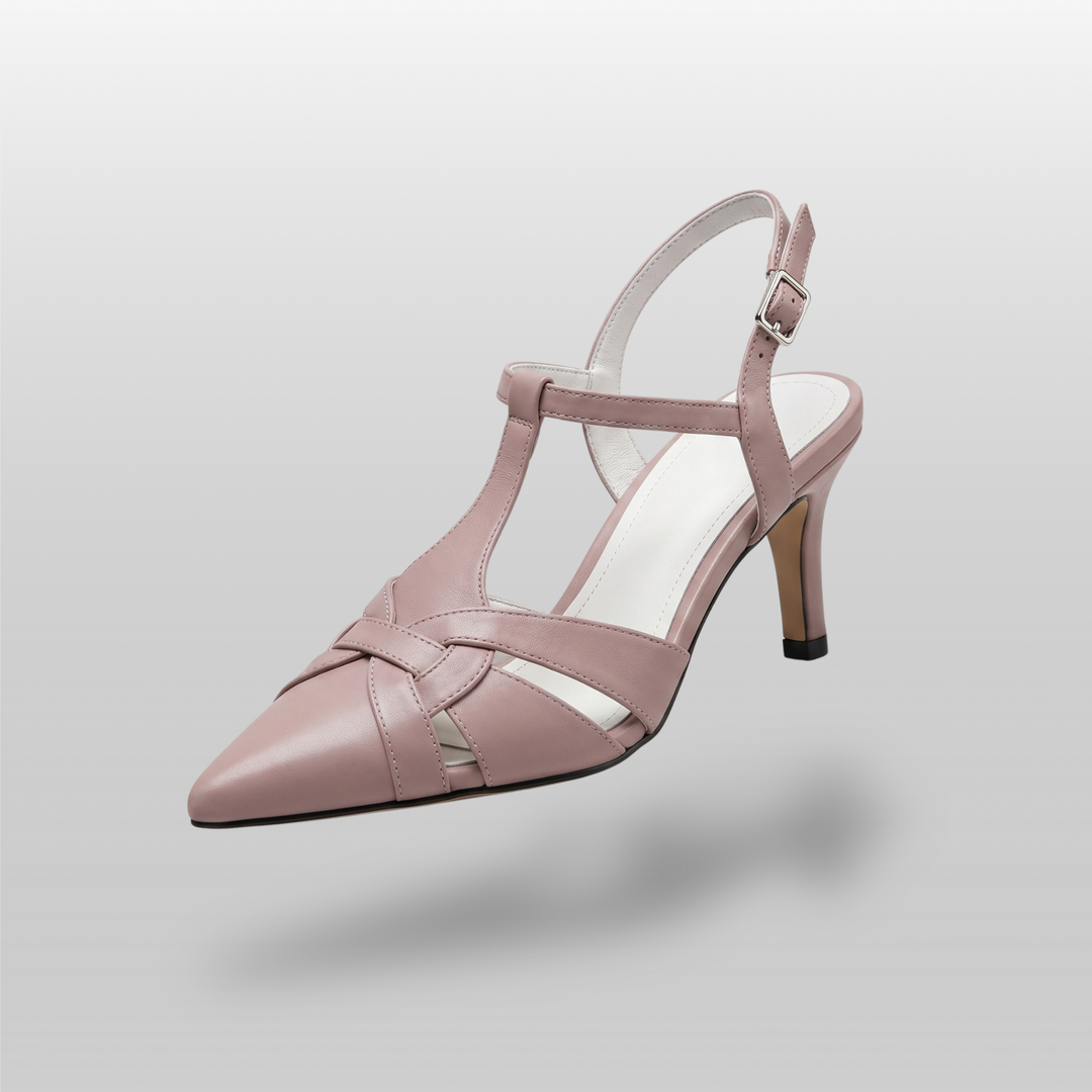 Céline Woven Slingback in Poudre Rose front view with geometric leather woven straps and stiletto heel