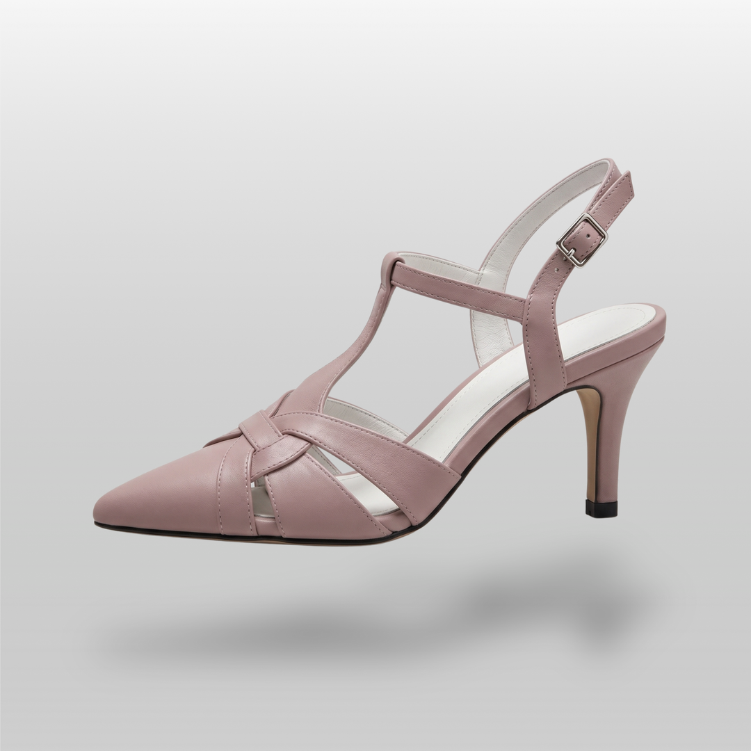 Céline Woven Slingback in Poudre Rose side profile showing slim stiletto heel and pointed toe silhouette