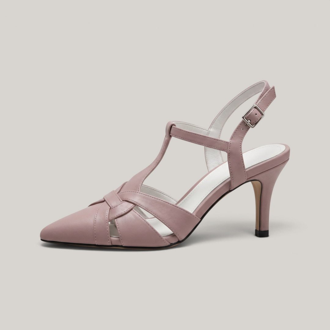 Céline Woven Slingback in Poudre Rose side profile showing slim stiletto heel and pointed toe silhouette