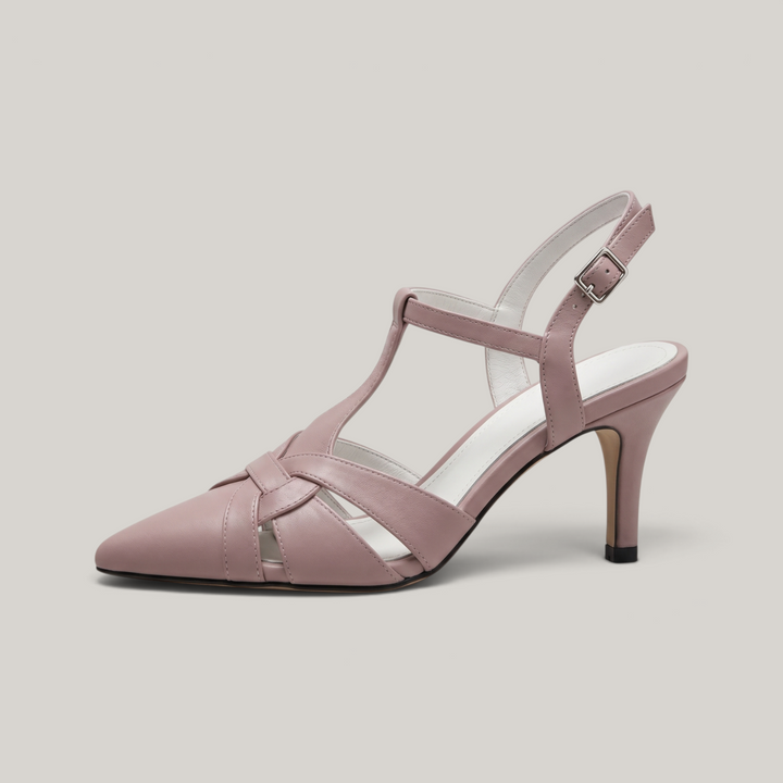 Céline Woven Slingback in Poudre Rose side profile showing slim stiletto heel and pointed toe silhouette