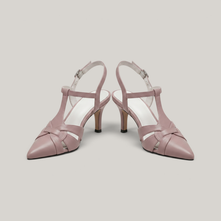 Céline Woven Slingback in Poudre Rose pair shot in luxury studio with woven leather strap detail