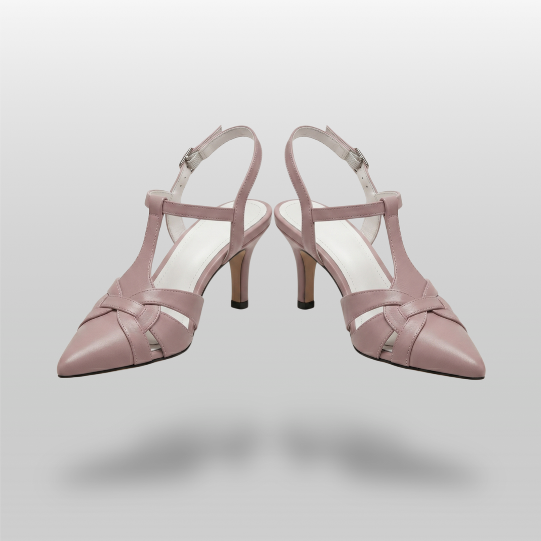 Céline Woven Slingback in Poudre Rose pair shot in luxury studio with woven leather strap detail