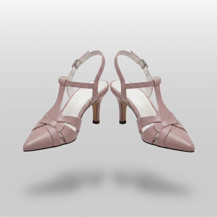 Céline Woven Slingback in Poudre Rose pair shot in luxury studio with woven leather strap detail