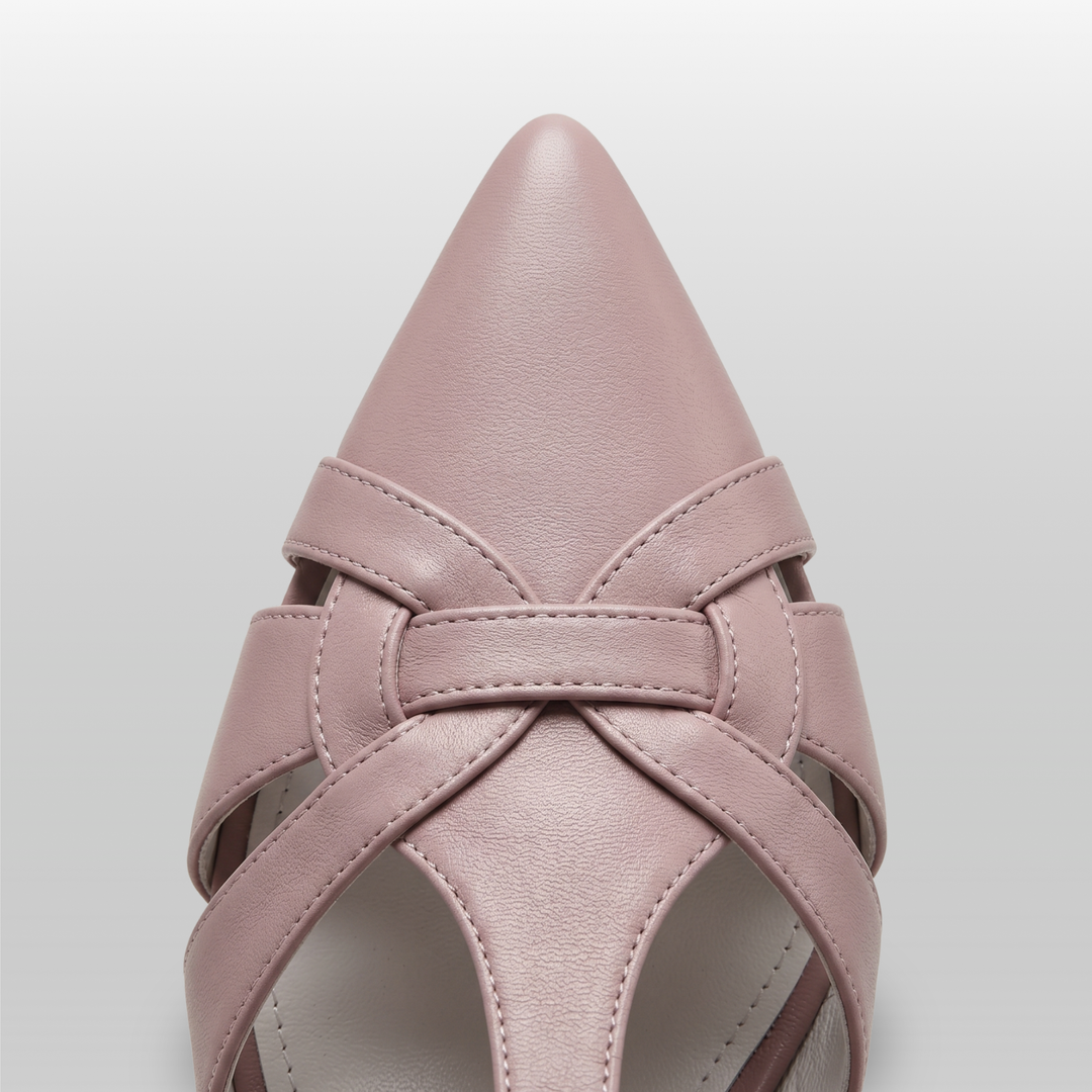 Céline Woven Slingback in Poudre Rose toe detail with architectural woven leather strap pattern