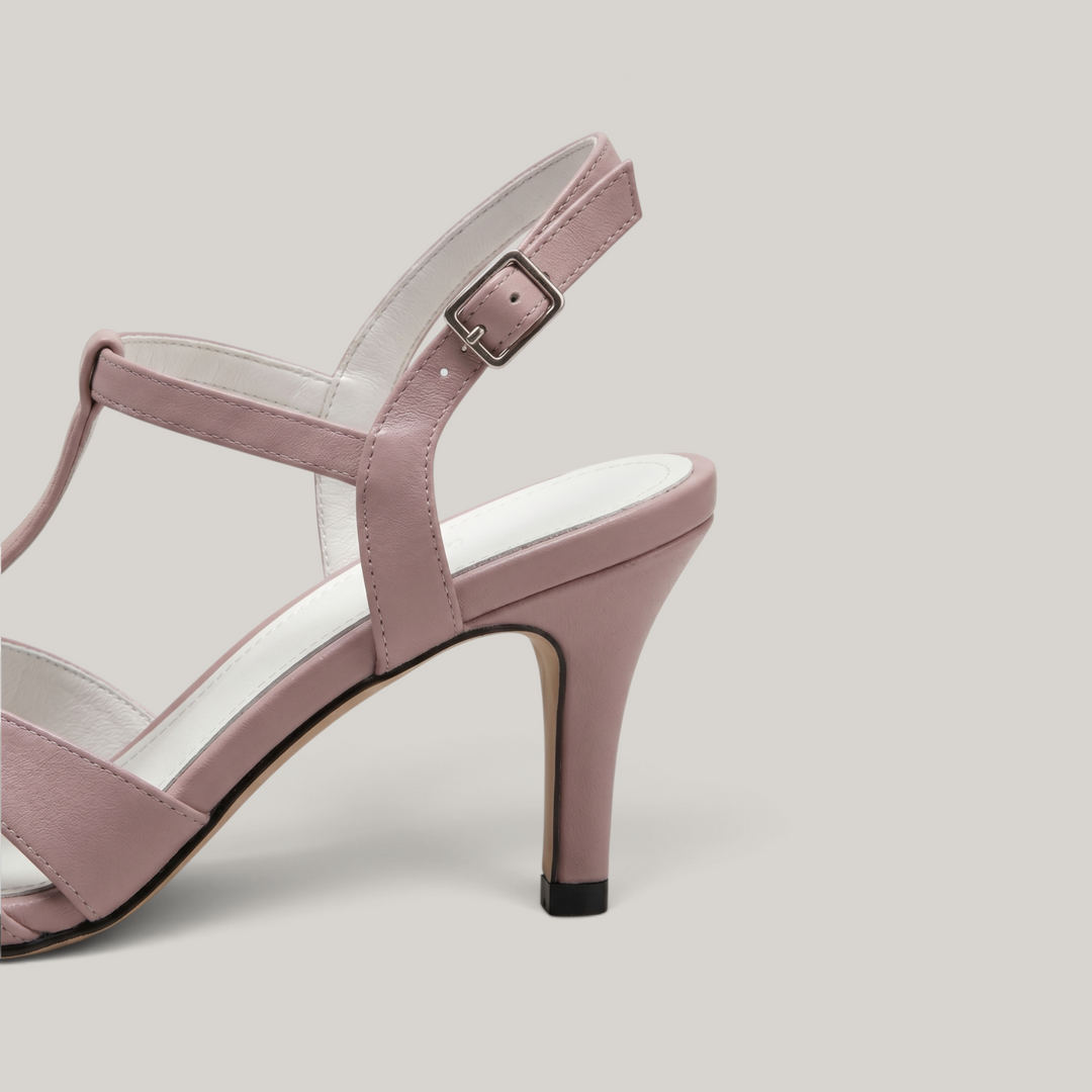 Céline Woven Slingback in Poudre Rose heel detail with slim stiletto and polished silver slingback buckle
