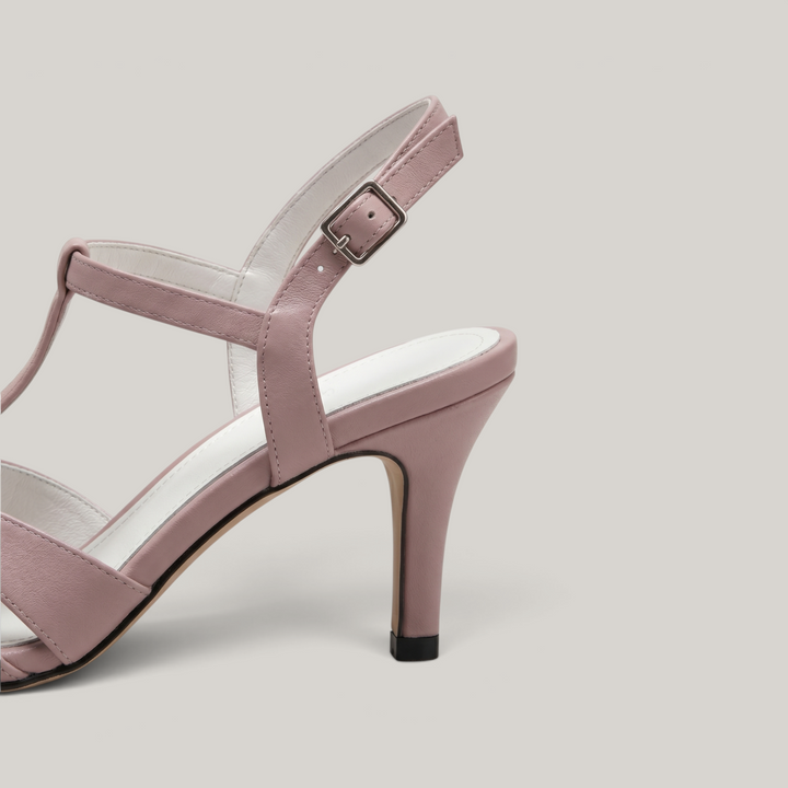 Céline Woven Slingback in Poudre Rose heel detail with slim stiletto and polished silver slingback buckle