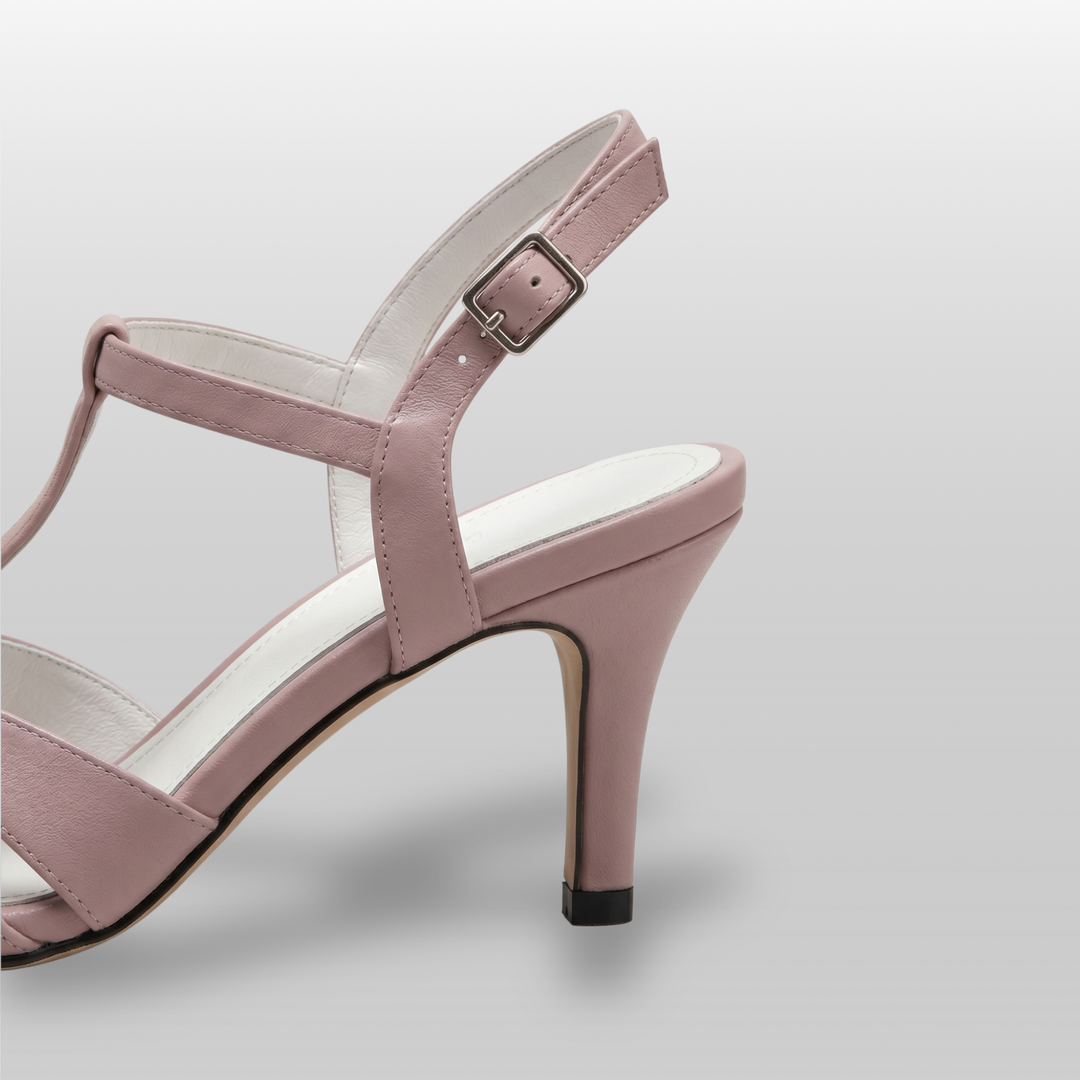 Céline Woven Slingback in Poudre Rose heel detail with slim stiletto and polished silver slingback buckle
