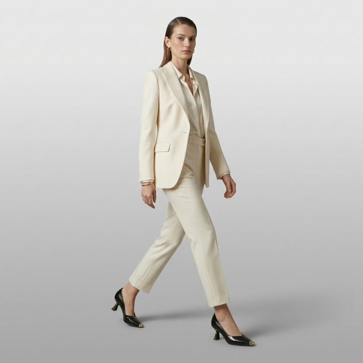 Woman wearing a beige suit on a plain background