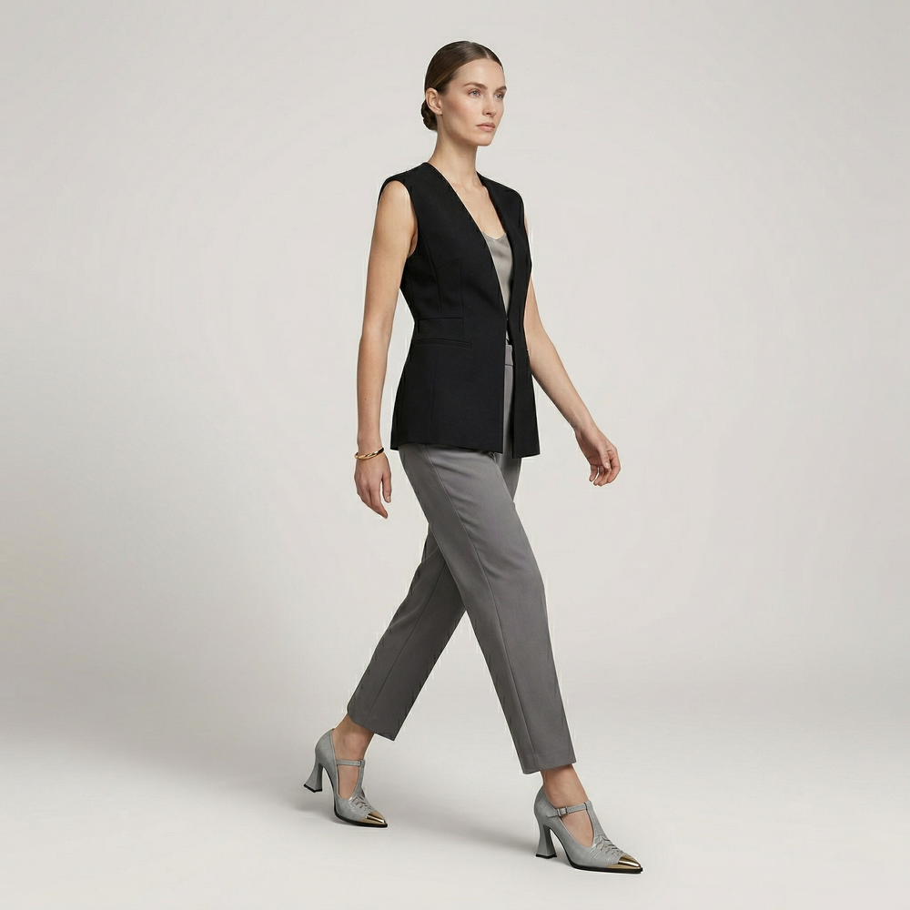 Woman wearing a black vest over a gray top and pants on a light gray background