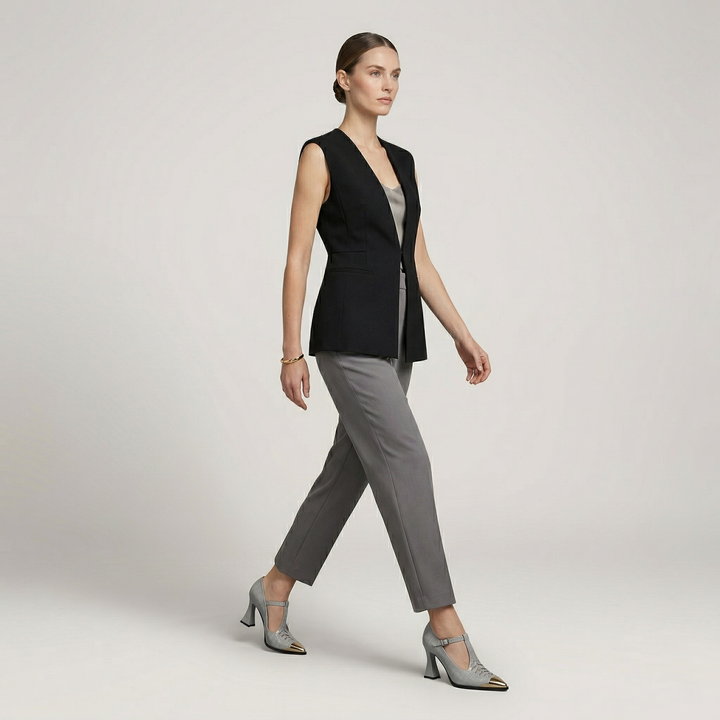 Woman wearing a black vest over a gray top and pants on a light gray background