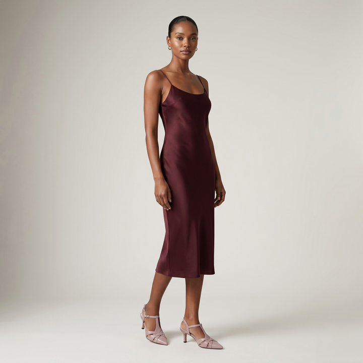 Céline Woven Slingback in Poudre Rose studio model view with elegant Midi slip dress in deep burgundy/wine 