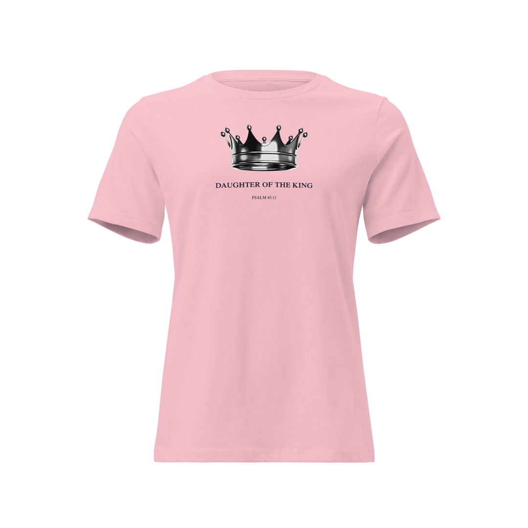 Pink t-shirt with a crown graphic and text on a white background