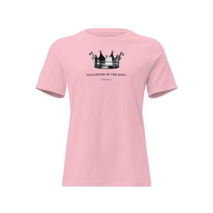 Pink t-shirt with a crown graphic and text on a white background