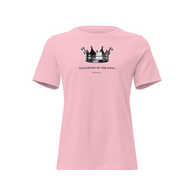 Pink t-shirt with a crown graphic and text on a white background