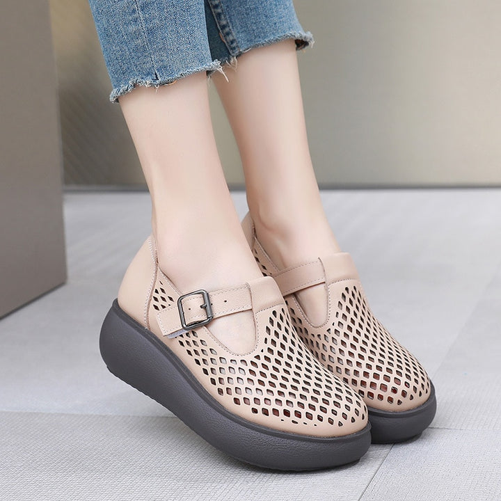 Leather Platform Shoes Color Apricot Size 9 for Women 