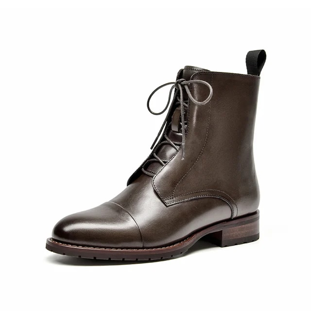 Leather Lace-Up Boots Color Coffee Size 5 for Women