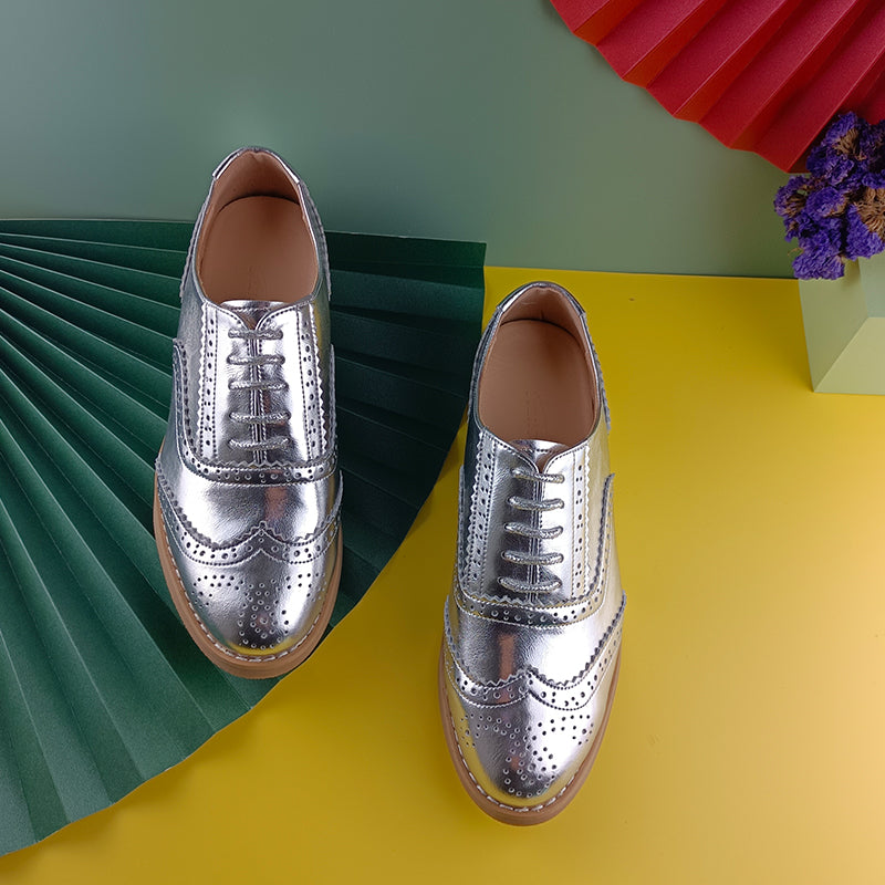 leather oxfords shoes color silver size 6 for women