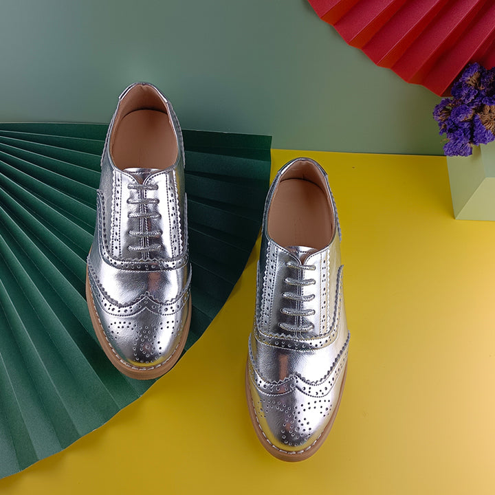 leather oxfords shoes color silver size 6 for women