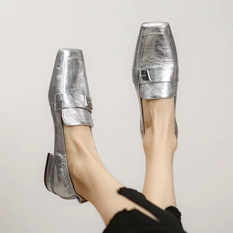 Aura Loafer | Crinkled Metallic Square-Toe