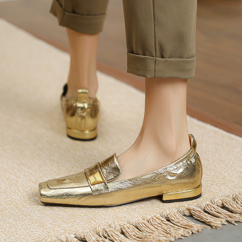 Aura Loafer | Crinkled Metallic Square-Toe
