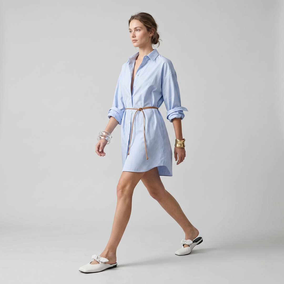 Bianca Knot Mule in Bianco Latte studio model view wearing a light blue shirtdress outfit