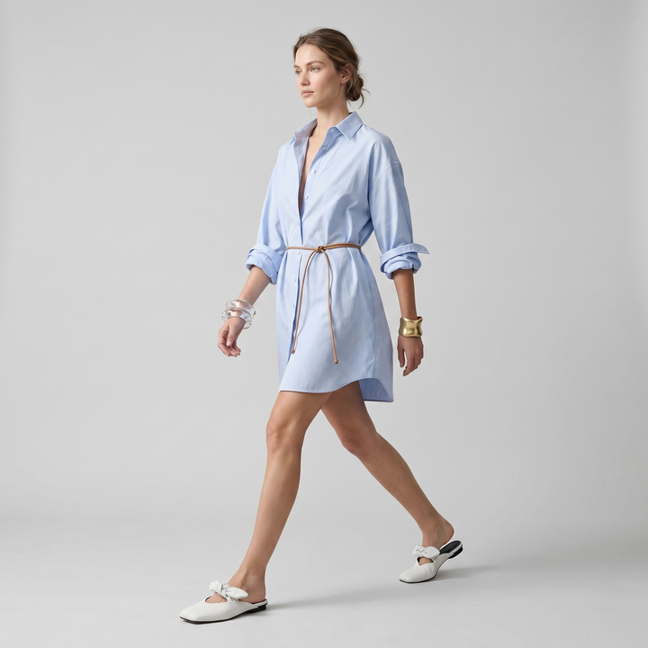 Bianca Knot Mule in Bianco Latte studio model view wearing a light blue shirtdress outfit