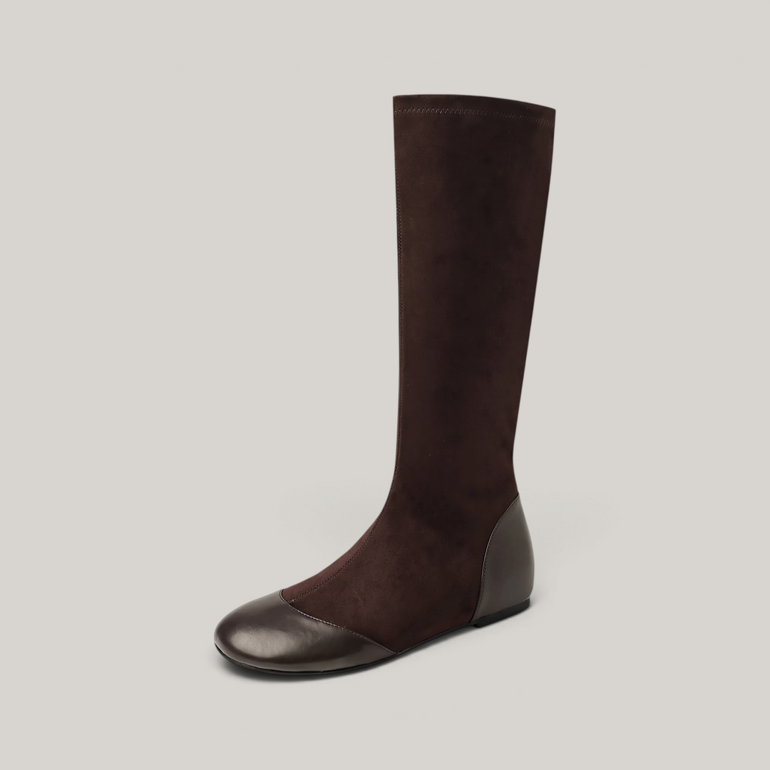 Brown knee-high boot with leather toe cap and napped stretch shaft