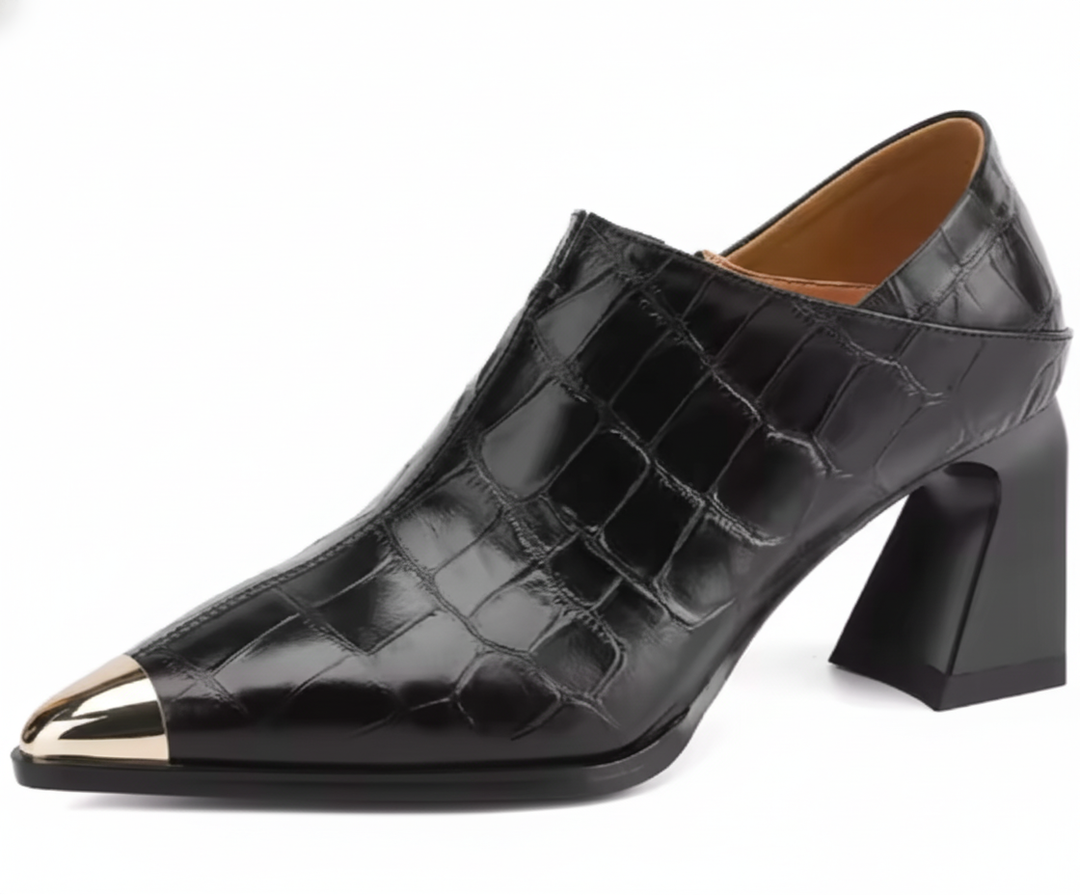 Apex Pump | Croc-Embossed Gold Cap-Toe