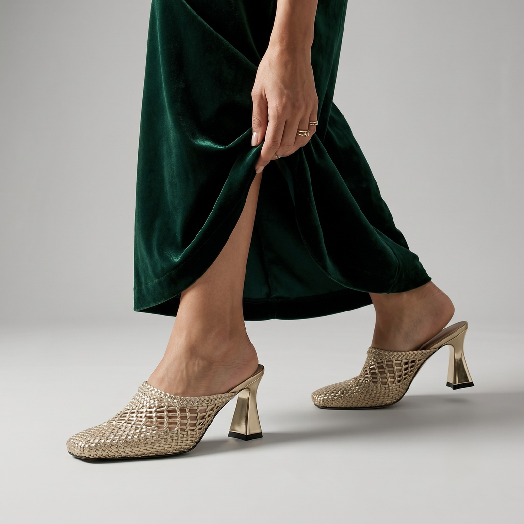 Metallic gold Dorée Mule heels with a braided woven upper and square toe, styled with a dark green velvet dress.