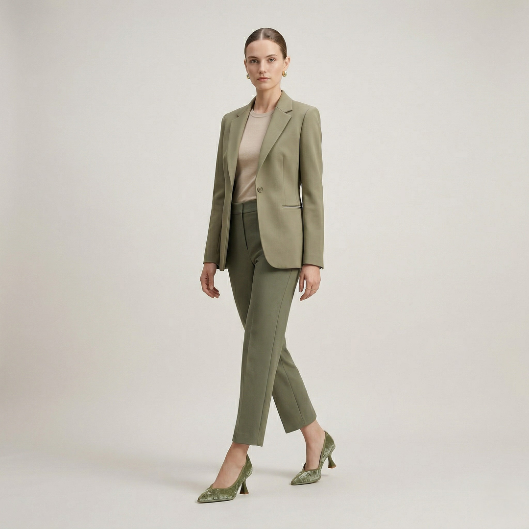 Elara silk leather pumps in Verdant Olive editorial look