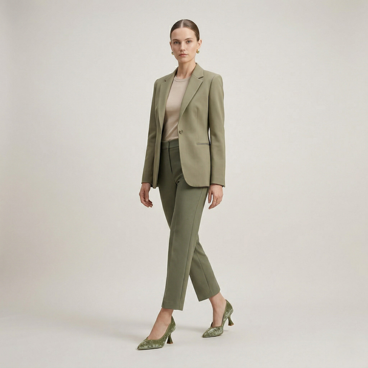 Elara silk leather pumps in Verdant Olive editorial look
