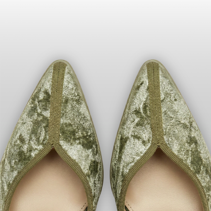 Elara silk leather pumps in Verdant Olive pointed toe detail