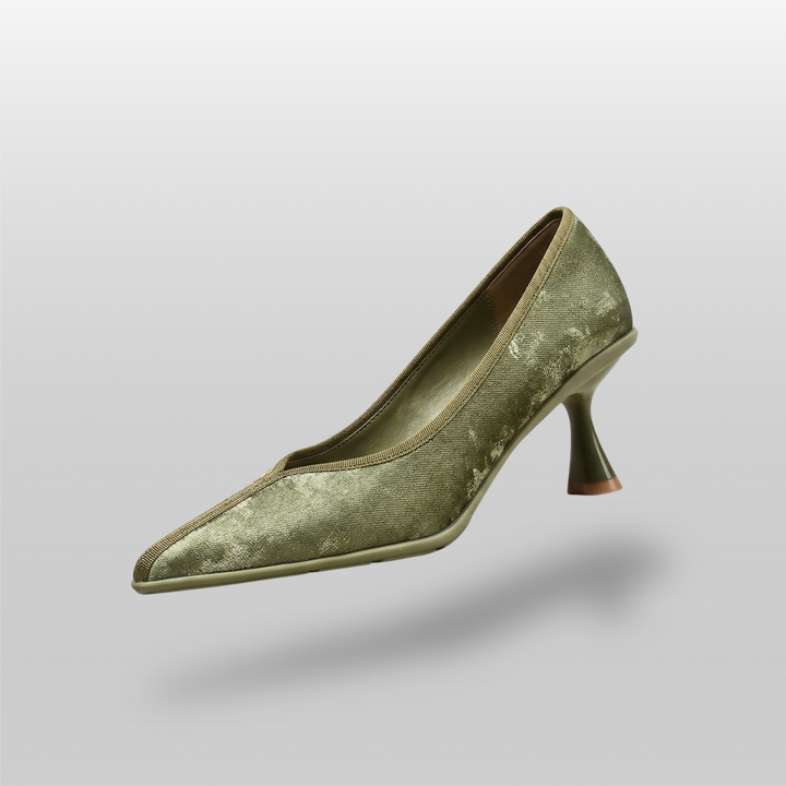 Elara silk leather pumps in Verdant Olive front view