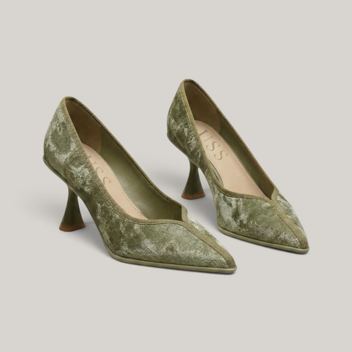 Elara silk leather pumps in Verdant Olive pair studio