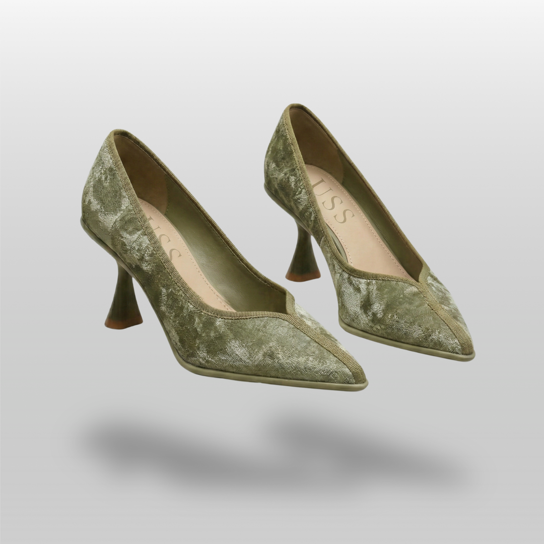 Elara silk leather pumps in Verdant Olive pair studio
