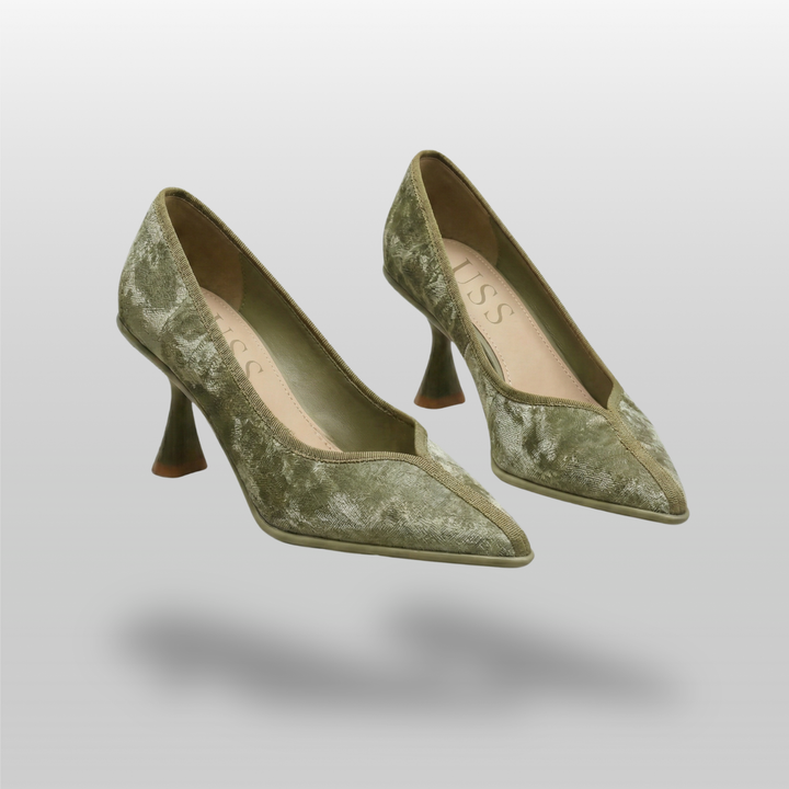 Elara silk leather pumps in Verdant Olive pair studio