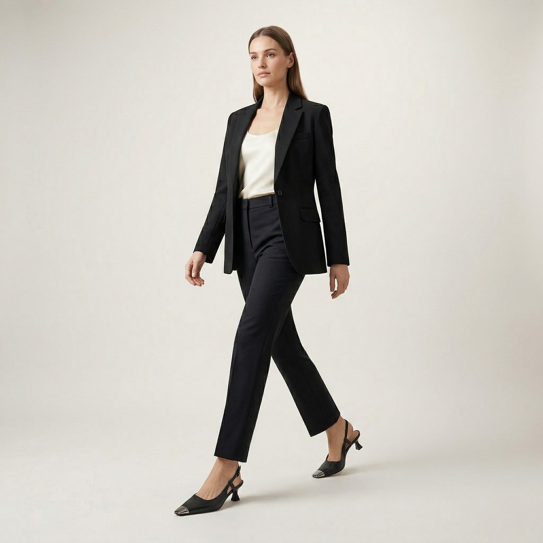 Elowen slingback heels in obsidian black studio model view with structured black blazer outfit