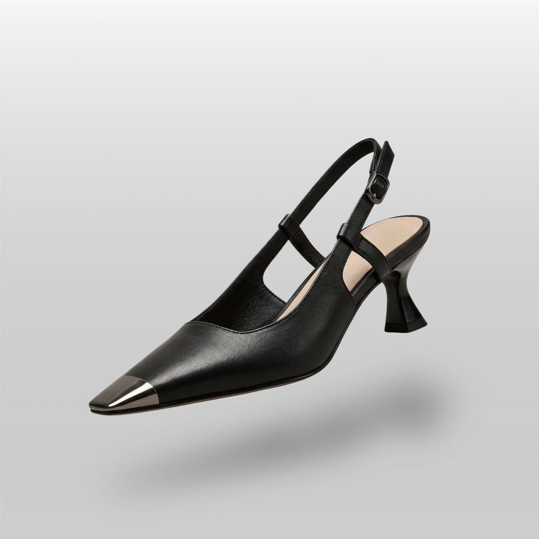Elowen slingback heels in obsidian black front view with Square toe