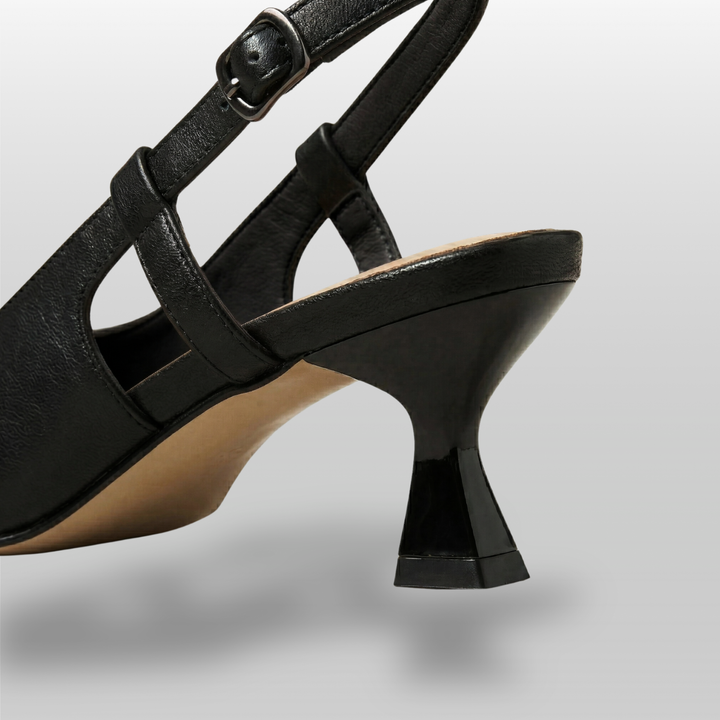 Elowen slingback heels in obsidian black heel detail with sculpted kitten heel