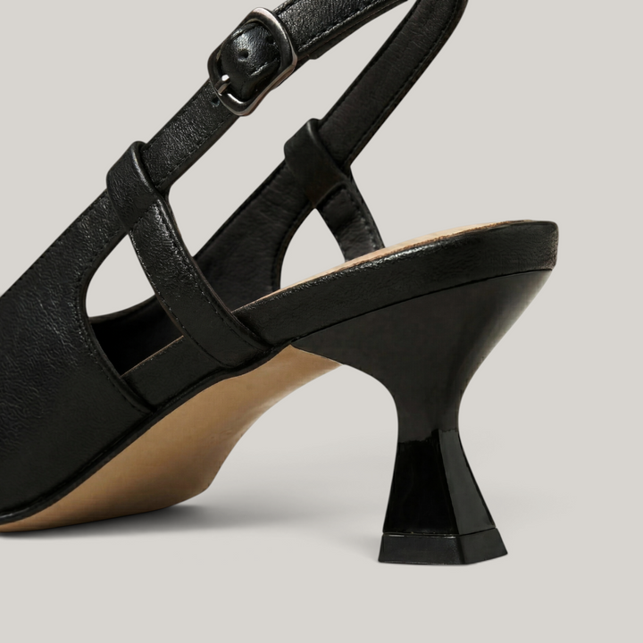 Elowen slingback heels in obsidian black heel detail with sculpted kitten heel