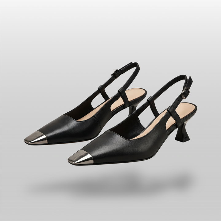 Elowen slingback heels in obsidian black pair shot in luxury studio