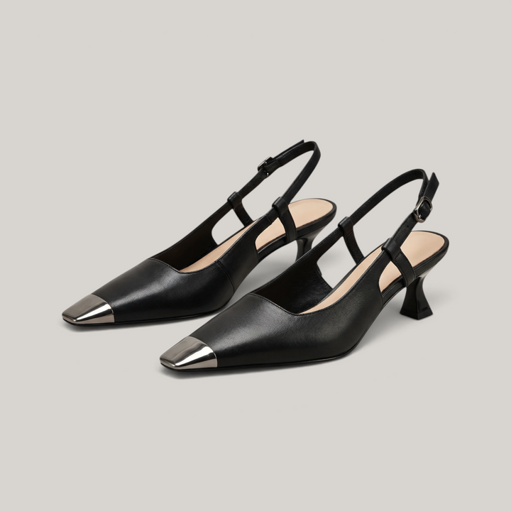Elowen slingback heels in obsidian black pair shot in luxury studio