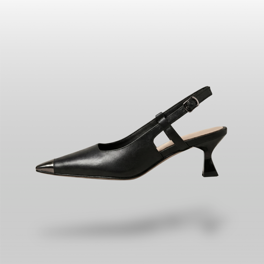 Elowen slingback heels in obsidian black side view with sculpted kitten heel