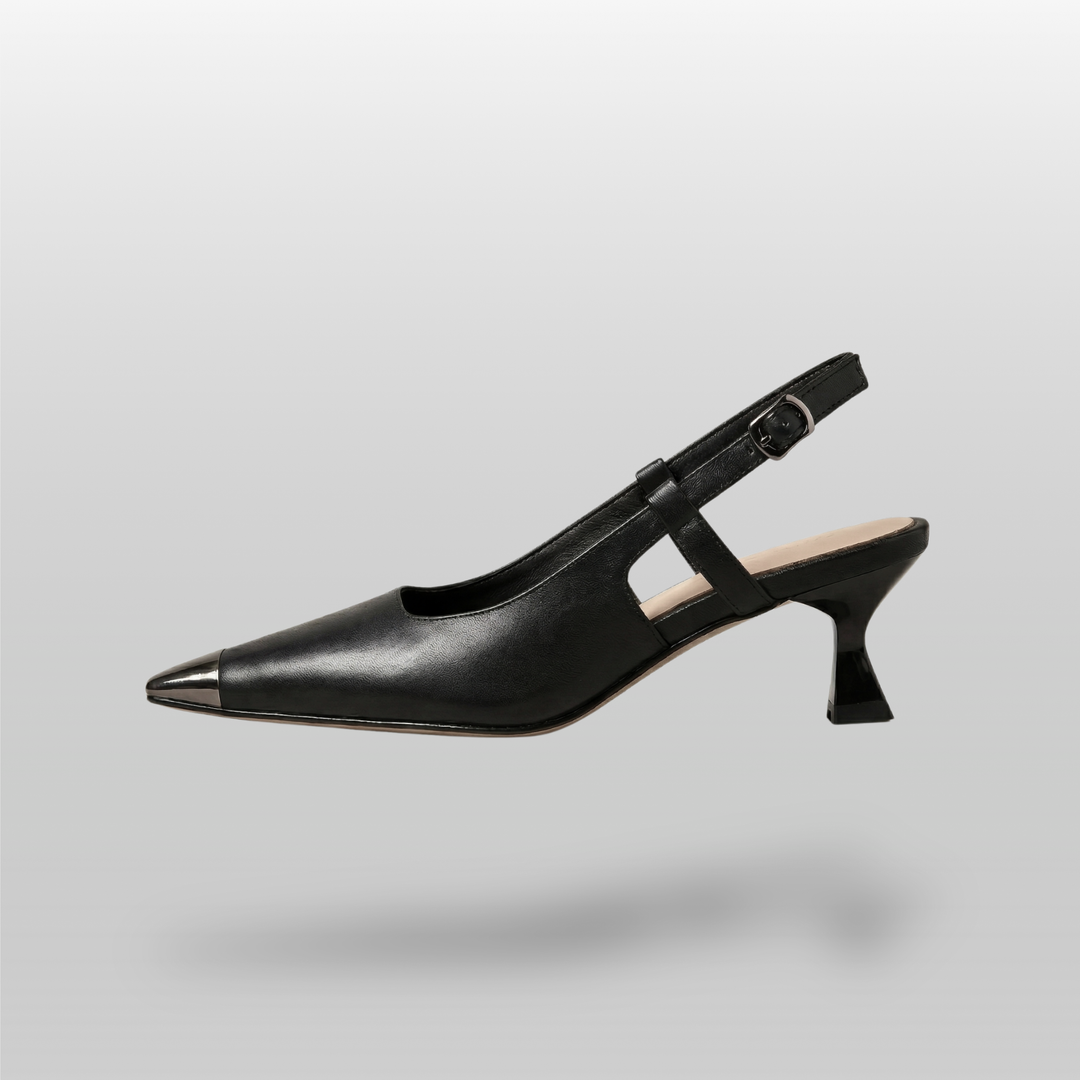 Elowen slingback heels in obsidian black side view with sculpted kitten heel