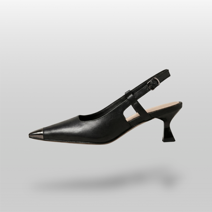 Elowen slingback heels in obsidian black side view with sculpted kitten heel