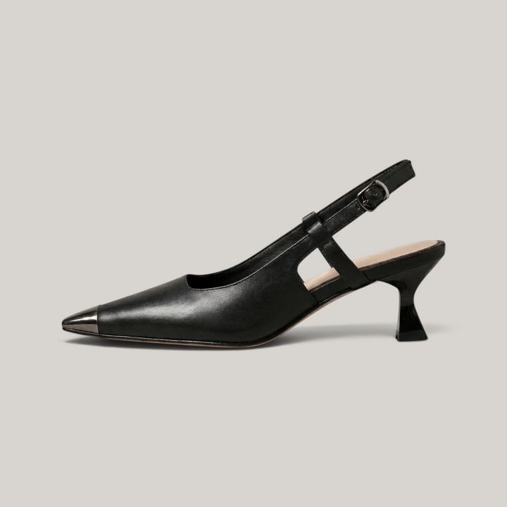 Elowen slingback heels in obsidian black side view with sculpted kitten heel