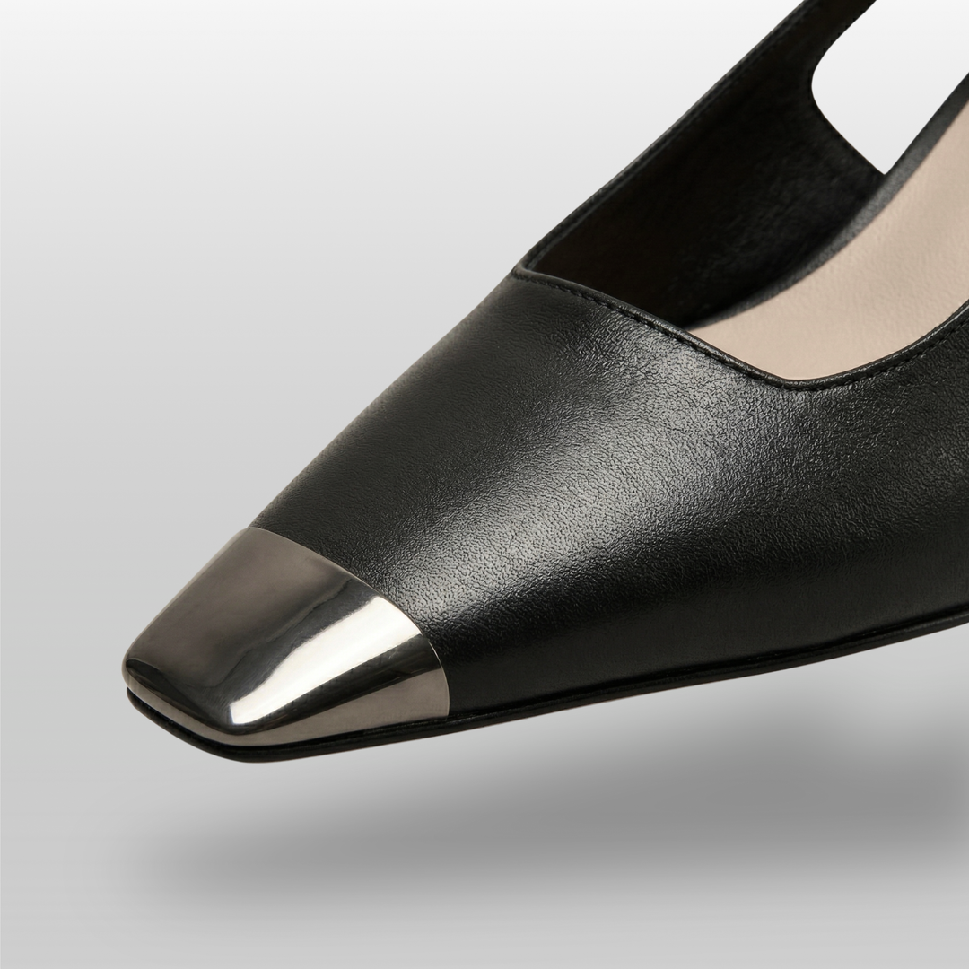 Elowen slingback heels in obsidian black toe detail with structured square toe