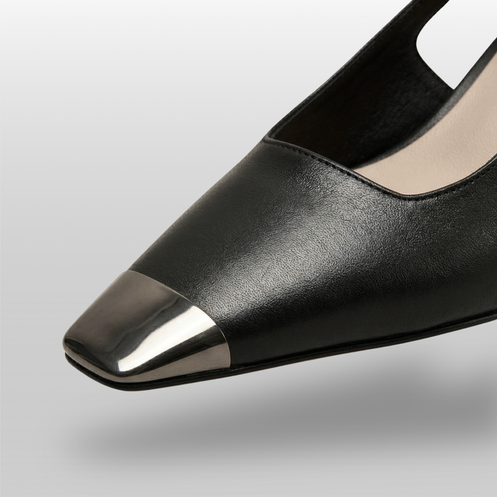 Elowen slingback heels in obsidian black toe detail with structured square toe
