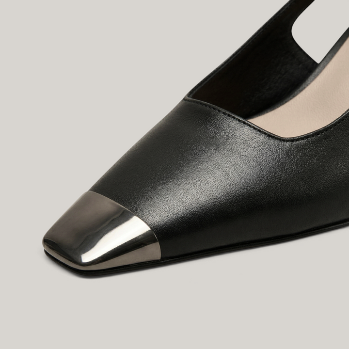 Elowen slingback heels in obsidian black toe detail with structured square toe