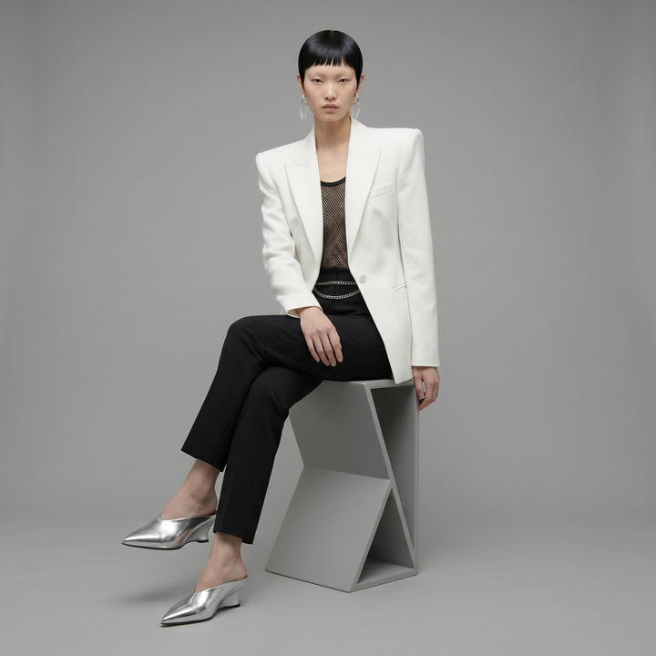 Seated model wearing the silver Argent Vif Lumière Mules styled with a modern black and white suit.